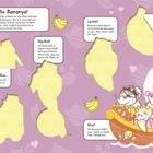 Hallo Bananya! Miau! Das ist Bananya, ein süßes Kätzchen. Eine Gruppe Kätzchen segelt in Bananenschalen auf einem Schiff.