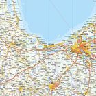 Karte von Lettland mit Schwerpunkt auf den Städten Riga, Jūrmala und Jelgava. Straßen und Orte sind detailliert dargestellt.