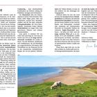 Texte: Vorwort, Schafe und Meer in Rhossili – in Wales ist man von beidem selten weit entfernt.  
Ein Strand mit grünen Hügeln, Schafen und blauem Himmel im Hintergrund.