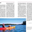 Vorwort, Seite 4 und 5. Menschen in einem roten Kajak auf einem blauen See, umgeben von grüner Landschaft.
