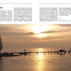 Vorwort über Erlebnisse am Bodensee. Darunter eine idyllische Uferlandschaft bei Sonnenuntergang mit Steg und Bäumen.