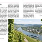 Text über die Region Mosel in Deutschland als Reiseland. Im Hintergrund Fluss und Weinberge. Unter dem Text ein Name.