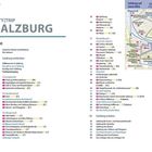 Inhaltsverzeichnis und Karte von Salzburg mit Sehenswürdigkeiten und Seitenzahlen in verschiedenen Bereichen.