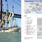 "Lissabon auf einen Blick" zeigt eine Karte. Links ein Segelschiff unter einer Brücke, Textinhalte listen Sehenswürdigkeiten.