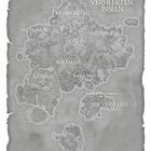 Illustration einer alten Karte. Texte: Die Verheerten Inseln, Suramar, Azsuna, Val’sharah, Der Hochberg, Sturmheim, Der Verheerte Strand.