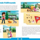 "Fliegende Fellfreunde" oben. Paragraphen erzählen von Ryder, der mit Hunden am Strand ist. Bilder zeigen Hunde und Kites.