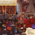 "GRYFFINDOR-GEMEINSCHAFTSRAUM. Dort können Harry und seine Klassenkameraden spielen, sich entspannen und lernen." 

Eine gemütliche, lebhafte Szene mit Schülern, die lesen, plaudern und am Kamin entspannen.