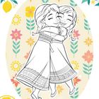Text: "Anna und Elsa". Illustration von zwei glücklich umarmenden Mädchen vor floralen Mustern.