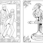 Links zeichnen drei junge Personen mit Zauberstäben. Rechts sitzt ein Vogel auf einer Stange, von Blättern umrahmt.