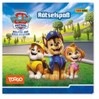 "Rätselspaß", "Helfer auf vier Pfoten", "TOGGO". Illustration von drei fröhlichen Hunden mit Uniformen auf einer grünen Wiese.