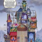 Text: Belles Schloss. Zimmer: Bibliothek, Wohnzimmer, Belles Zimmer, Speisesaal, Stallungen, Ballsaal, Verlies, Küche.  
Illustration: Ein verwinkeltes Schloss mit Türmen und vielen Räumen.