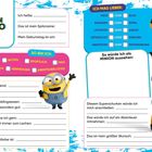 Ein farbenfrohes Layout mit vielen Fragen zur eigenen Beschreibung und Vorlieben, umgeben von fröhlichen gelben Figuren (Minions).