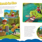 Titel: "Schiffbruch im Zoo". 

Ein Elefant in roter Kleidung rudert mit zwei Kindern zu einer Insel. Eine Ente begleitet sie.