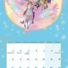 Kalender für Februar mit Wochentagen. Oben Illustration von Mädchen auf fliegenden Pferden mit bunten Flügeln.