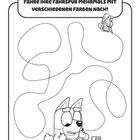 Text: "Bingo möchte Rollschuh fahren. Fahre ihre Fahrspur mehrmals mit verschiedenen Farben nach!" Illustration: Hund mit Rollschuhen.