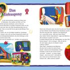 Das Zirkuspony. Ein Zirkus mit rotem Zelt, Ponyakrobatik, ein Clown jongliert. Menschen in fröhlicher Zirkusatmosphäre.