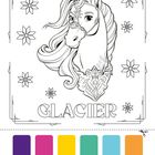 Text: "GLACIER". Illustration: Ein Einhorn mit dekorativem Geschirr, umgeben von Sternmotiven. Darunter bunte Farbfelder.