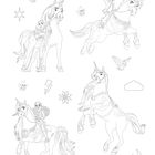 Illustration: Menschen reiten Einhörner mit Schmuck. Umgeben von Wolken, Sternen und kleinen fliegenden Kreaturen.