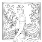 Ein Mann im Profil, stilisierte Wellen im Hintergrund, gerahmt von Seilmuster. Er trägt ein Oberteil mit Knoten.