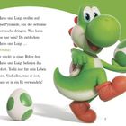 Links: Text über Mario, Luigi und Yoshi. Rechts: Yoshi, ein grünes Wesen, hält ein Ei mit grünen Punkten.