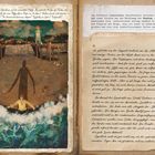 Illustration: Ein Strand mit einem Leuchtturm, Mann im Wasser, Schatten ragt auf den Sand. Texte erzählen Geschichten und Spekulationen.