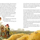 Eine Frau und ein Männlein; er spinnt Stroh zu Gold, während sie zuschaut. Im Hintergrund Heuhaufen und ein Fenster.