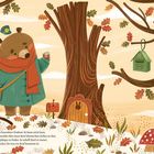 Ein Bär in Mantel und Schal hält einen Brief. Ein Fahrrad, ein Vogelhäuschen und bunte Blätter umgeben ihn.