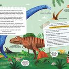 Texte: Erkunde die Welt der Dinosaurier! Was zeichnet einen Dinosaurier aus? Ich bin kein Dinosaurier.

Illustration mit bunten Dinosauriern, Bäumen und Sprechblasen.