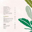 Text in Listenform, Themen über Begrünung, Pflanzenarten und Garten. Rechts grüne, stilisierte Blätter als Illustration.