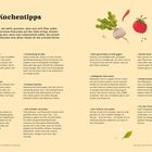 Titel: Küchentipps

Tipps wie: 
- Einkaufszettel schreiben
- Vorbereitung ist alles
- Intelligenter Mini-Mixer

Zeichnungen: Karotte, Tomate, Rote Beete.