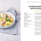 Titel: "Spargelragout mit Brätklößchen"; Rezept für 4 Personen. Zutaten umfassen Kartoffeln, Spargel und Erbsen. Links Teller.