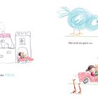 Texte: "Sie fahren rein ... und wieder raus." "Mal sind sie ganz klein." "Mal ganz groß." Illustration von Kindern im Auto.