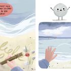 Links schreibt ein Stock im Sand: "Ich lieb dich." Rechts hüpft ein Stein übers Meer mit "Hui". Beide sind fröhliche Illustrationen.