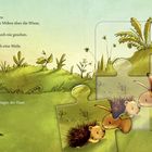 Text: Es war ein warmer Frühlingsmorgen. Der Hase zog seine erste eigene Möhre über die Wiese, als er den Igel entdeckte...

Illustration: Wiese mit Hase, Igel und Puzzlemotiv.
