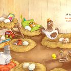 Oh ja, das war laut! Nun kannst du die Eier in den Wagen legen. Illustration zeigt Tiere auf einer Scheune mit Eiern.