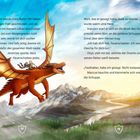 Text über Pakt und Schutz, dann eine Szene: Zwei Reiter auf einem fliegenden, roten Drachen über einer Berglandschaft.
