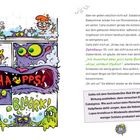 Text: „HA-UPPS! BLÖORK!“ Illustration: Ein violettes Monster im Bad, überrascht zwei Kinder in grüner Schleimverwirrung.