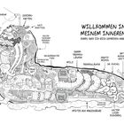Die Illustration zeigt ein humorvolles, fantastisches Innenleben-Wesen, bestehend aus witzigen Elementen wie "Gehirnkasten", "Wackelzahn" und "Darmtreppenläufer".
