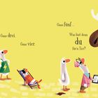 Ein Elch mit Schal und Socken spricht zu Gänsen. Eine Gans liest ein Schild: "GÄNSE HIER ANSTELLEN". Gänse in bunter Kleidung.