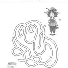 Zeige Petronella den Weg durch das magische Labyrinth! Illustration eines Labyrinths, Frau mit Hut, Fee im Glas.