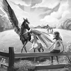 Illustration eines Mädchens mit Pegasus-Pferden auf einer Wiese, umgeben von Blumen und einem Holzzaun.