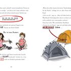 „IIIIHHH!!!“, „RIESIGE“, „Sie ist aus Gummi.“, „GENIALE Idee“. Anna erschrickt, Silas lacht. Zwei Zelte nebeneinander.