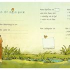 Zwei Tiere, ein Igel und ein Hase, stehen in grünem Gras neben einem Bach. Darüber stehen Fragen zum Ausfüllen, z.B. Name, Geburtstag.