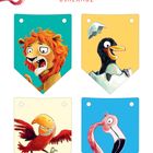 Text: GIRLANDE. Bilder von einem Löwen, Pinguin, Papagei und Flamingo in bunten Wappenrahmen. Oben Symbole von Schere, Klebeband.