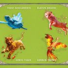 Texte: Frost-Schildkröte, Blüten-Drache, Ernte-Tiger, Sonnen-Phönix. Darstellung von vier fantastischen Kreaturen auf grünem Grund.