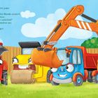 Text: „Ich hab eine Idee!“, ruft Max... Geräte mit Gesichtern, ein Bagger, Traktor und Walze auf grünem Gras mit blauen Himmel.