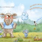Illustration: Ein wütender Elefant pustet Luft aus den Ohren. Text: "Papafant fährt völlig aus seiner Elefantenhaut und flucht: 'DA HAUT'S DIR DOCH DEN PIEPMATZ RAUS!'"