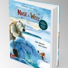 "Nase & Weis", "Was Wasser alles kann!", Illustration eines Eisbären mit Schaufel und einer Maus am Eisrand.
