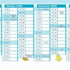 Kalender für das 1. Halbjahr 2026/2027 mit Feiertagen wie Weltkindertag, Tag der Dt. Einheit, Weihnachten. Illustrationen: Melone, Pilz.