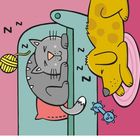 Text: "5 schlafen". Illustration mit einem lachenden Kind in Winterkleidung, ein Hund daneben auf grünem, gepunktetem Hintergrund.